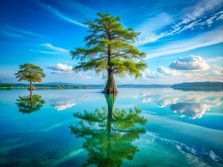 solitary towering cypress standing guard over still turquoise waters with mirrored reflections and serene morning calm