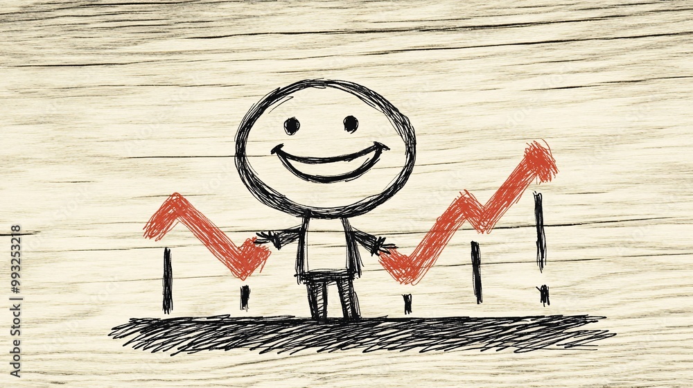 Aufkleber A vector illustration of a cartoon character pulling a rising economic graph line upward from the ground while smiling in determination Large space for text in center Stock Photo with copy space