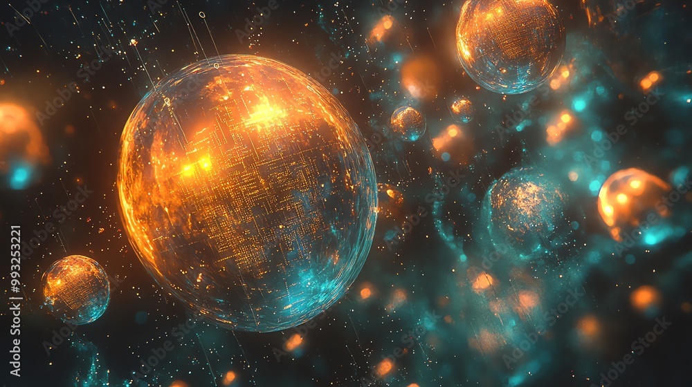 Poster abstract digital sphere with light streaks and particles.