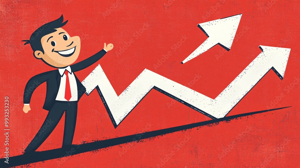 Aufkleber A vector illustration of a cartoon character pulling a rising economic graph line upward from the ground while smiling in determination Large space for text in center Stock Photo with copy space