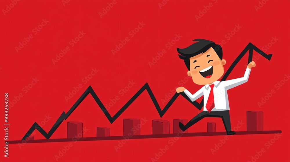 Poster A vector illustration of a cartoon character pulling a rising economic graph line upward from the ground while smiling in determination Large space for text in center Stock Photo with copy space