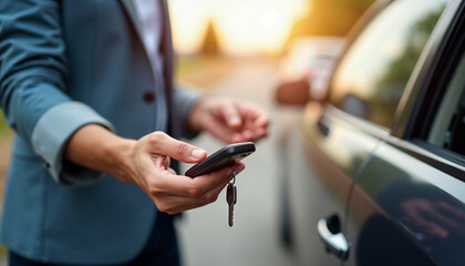 transportation rental automotive business concept. Close up hands of rental auto agent giving car remote key to client to travel sightseeing, Car sale concept 