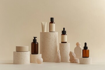 A display of various beauty products arranged on pedestals