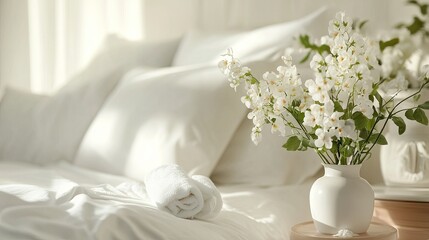 Serene Bedroom with White Flowers and Towels