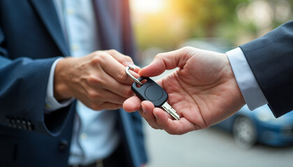 Fototapeta premium transportation rental automotive business concept. Close up hands of rental auto agent giving car remote key to client to travel sightseeing, Car sale concept 