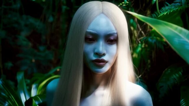 Close-up art portrait woman mermaid. Fantasy asp girl blonde long hair. Lady goth vampire queen viper. green palants
