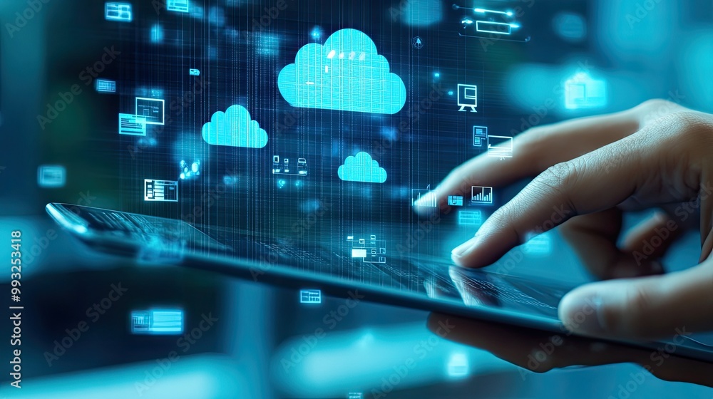 Poster digital cloud interaction with futuristic elements