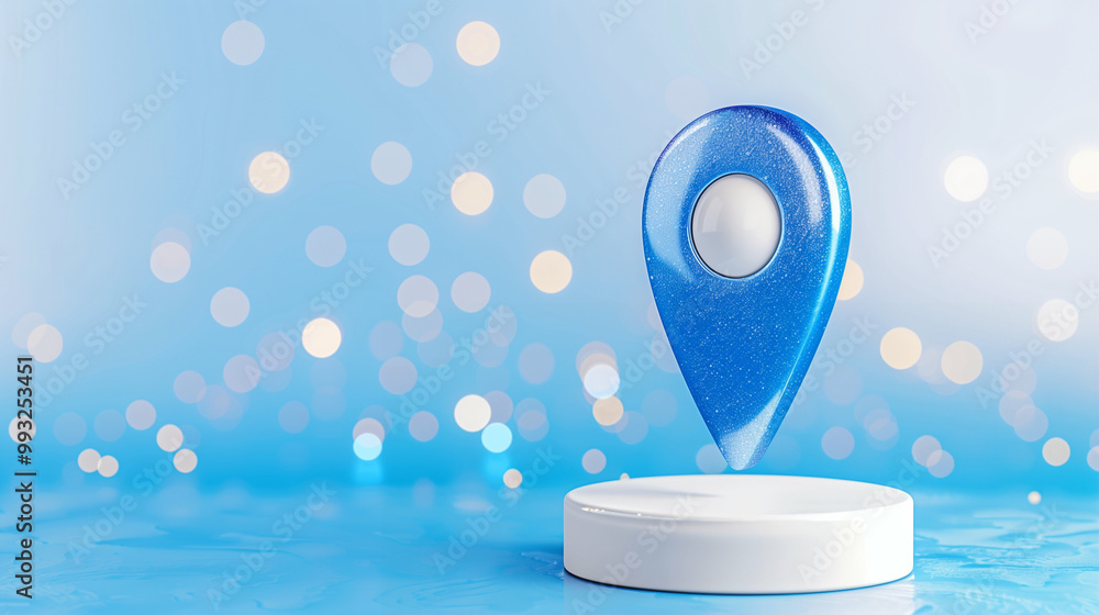 Poster location pin on a pedestal with sparkling background for digital map applications and navigation too