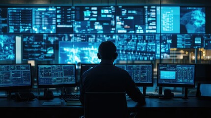 Data Analyst in Control Room with Multiple Screens