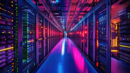 Fototapeta premium Colorful Server Room with Bright LED Lights