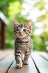 A kitten is walking on a wooden deck