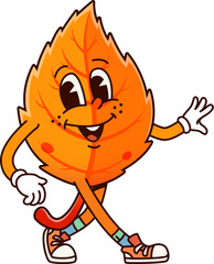 Groovy autumn leaf character. Cartoon vector orange foliage personage in bright sneakers, symbolizing the joy and warmth of the fall season, exudes a cheerful vibes for themes of autumnal nature