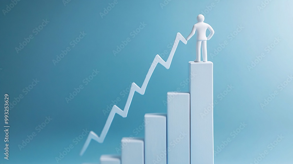 Aufkleber A single 3D-render figure standing on a ladder reaching up to pull the end of a stock chart higher showing their effort in boosting the economy Large space for text in center Stock Photo with copy