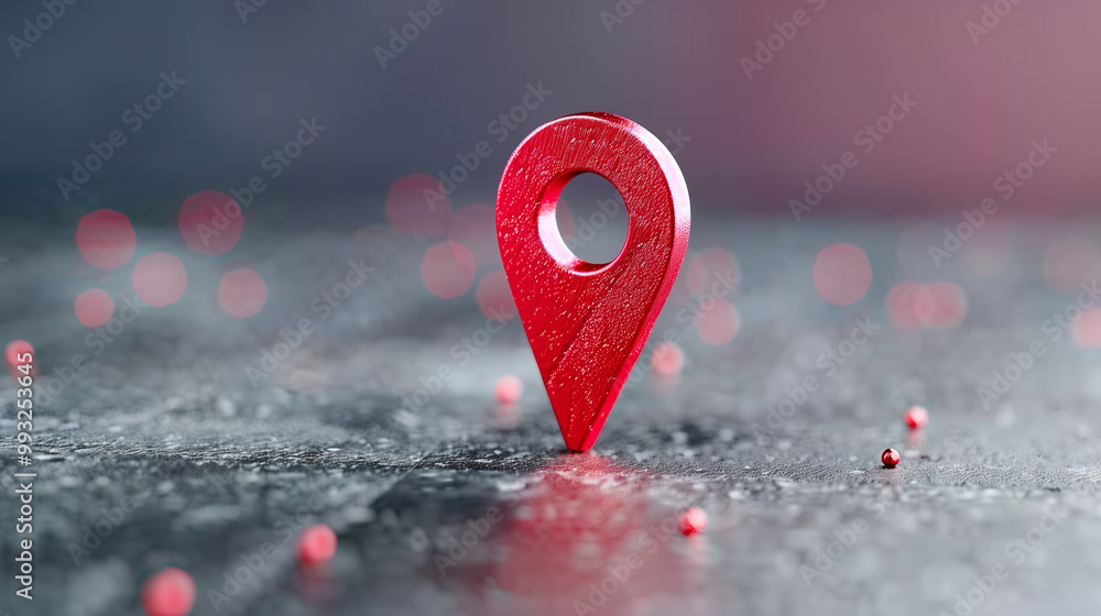 Poster location pin and map marker on textured surface with blurred background