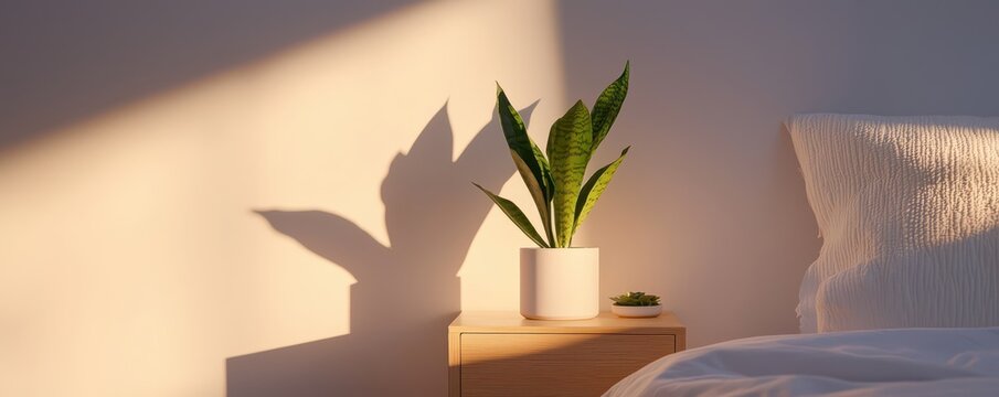 A serene bedroom scene featuring a potted plant casting a shadow on the wall, complemented by soft lighting and a cozy texture.