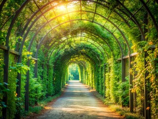 Obraz premium Vibrant verdant tunnel dappled light filtered through leafy canopy soft focus dreamy ethereal mood pastel color tones