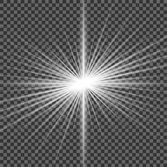 A twinkling white star on a light gray background. Sparkling and shining stars, bright flashes of lights with radiation. Vector EPS 10.