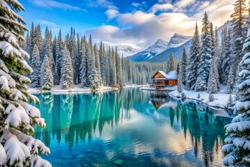 Fototapeta premium Vibrant turquoise lake water radiates warmth amidst frost-kissed forest of snow-covered pines surrounding secluded winter wonderland mountain retreat