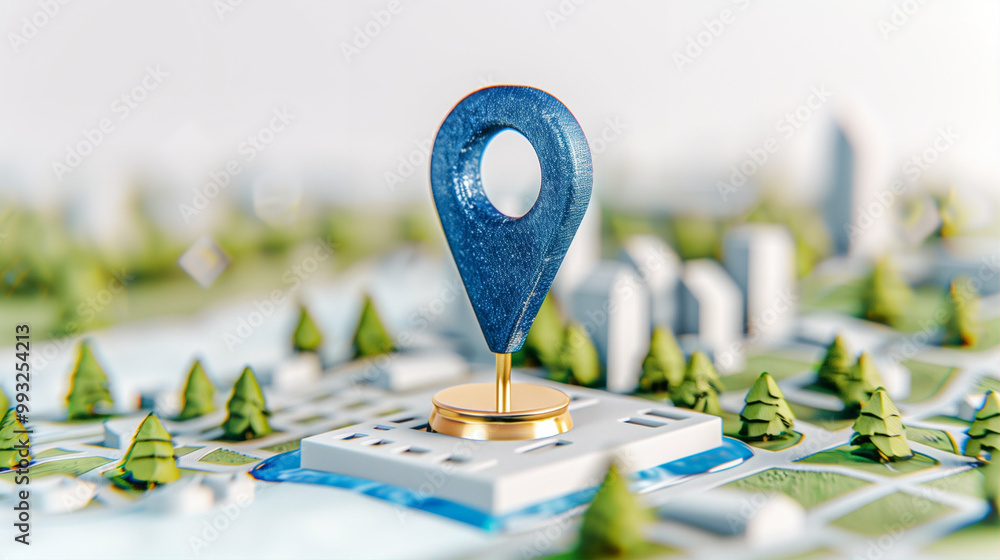 Poster location pin on a map with buildings and trees in a vibrant urban setting