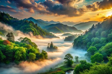 mystical haven serene atmosphere misty valley gentle current vivid emerald foliage dramatic clouds morning mist warm soft focus cinematic composition