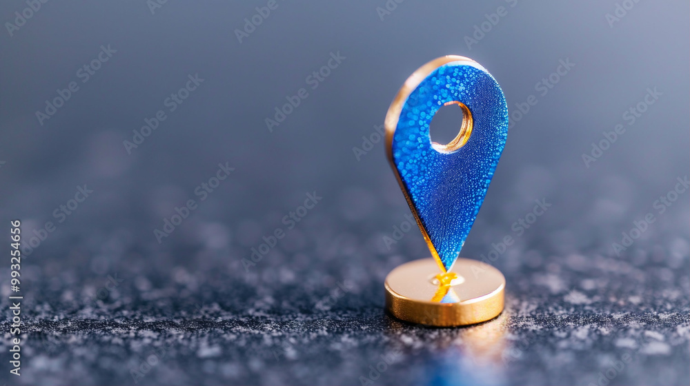 Poster location pin and navigation icon on blurred background for travel and maps