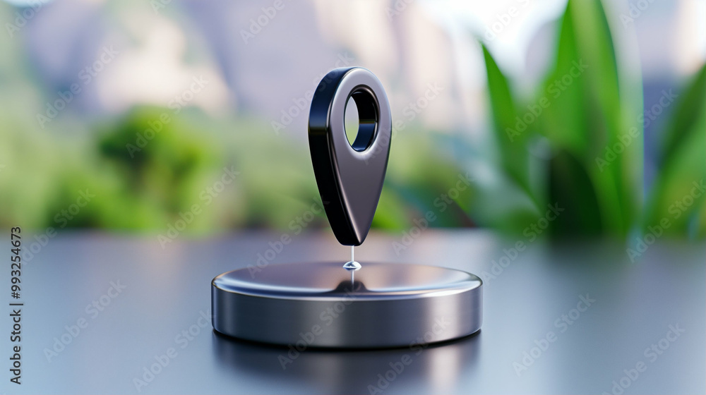 Poster location marker on a sleek surface with greenery in the background for navigation and mapping purpos