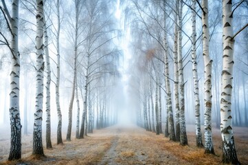Ethereal fog creeping through rows of towering silver birches, haunting ambiance, monochromatic tones, eerie silence