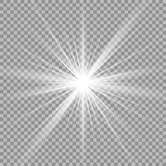A twinkling white star on a light gray background. Sparkling and shining stars, bright flashes of lights with radiation. Vector EPS 10.