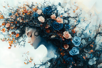 A surreal and intricately detailed artwork of a woman with flowing hair made of intertwining branches and vibrant roses, blending nature and beauty in a dreamlike composition