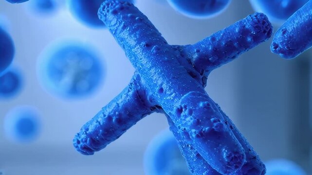A detailed close-up of blue bacteria cells, magnified under a microscope, highlighting their texture and structure. The image is ideal for scientific, medical, and educational themes, illustrating the