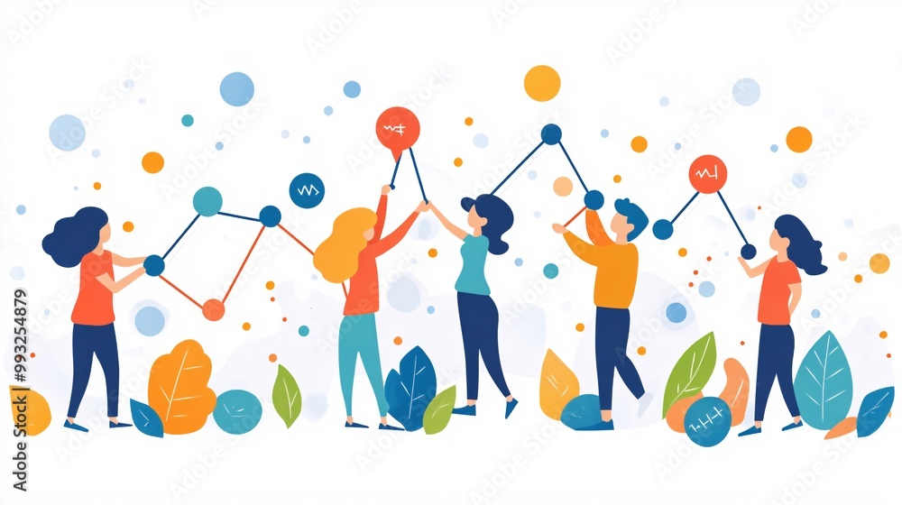 Poster A group of vector-style cartoon characters working together to raise a stock market graph line symbolizing teamwork and economic growth Large space for text in center Stock Photo with copy space