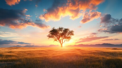 Fototapeta premium A sunset over a savanna landscape, representing the balance of light and darkness in a natural environment.