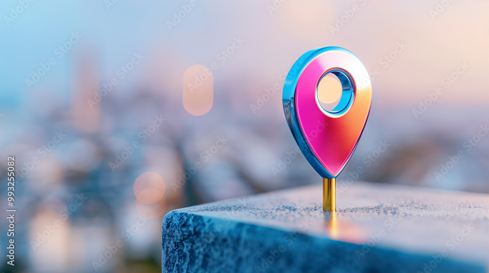 Poster location marker on a stone surface with blurred background and cityscape for navigation and map purp