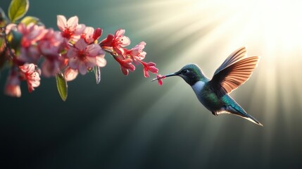 Fototapeta premium A hummingbird feeding on nectar from a delicate flower, its iridescent feathers shimmering in the sunlight.