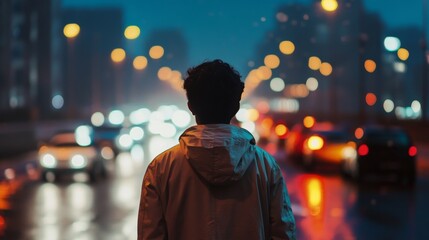 A figure in a light raincoat gazes at blurred city lights and moving vehicles, capturing the essence of a rainy night. The atmosphere is reflective, adding to the solitude and urban ambiance.