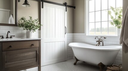 A serene farmhouse bathroom featuring a sleek sliding barn door