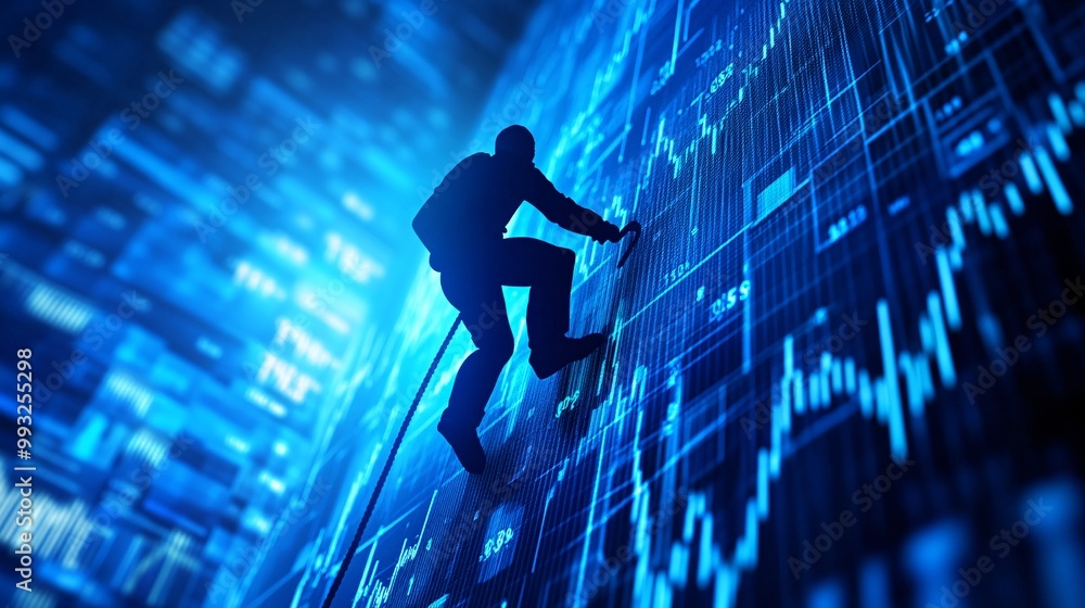 Aufkleber A lone 3D character pulling a stock chart line upward with a rope while balancing on a bar graph showing the challenges of economic recovery Large space for text in center Stock Photo with copy space