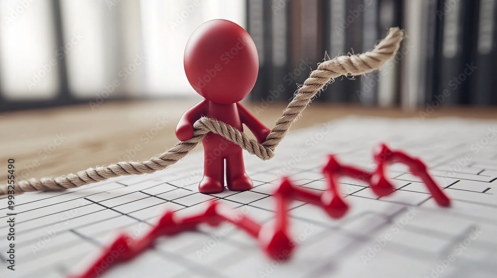 Fototapete A lone 3D character pulling a stock chart line upward with a rope while balancing on a bar graph showing the challenges of economic recovery Large space for text in center Stock Photo with copy space