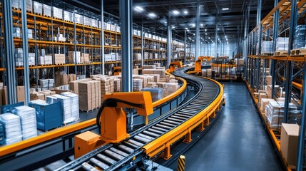 Modern Warehouse with Conveyor System and Storage Racks