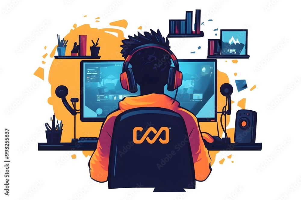 Poster flat style character live streaming a gaming session with colorful desk setup