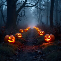 Dark misty forest path lit by glowing pumpkins on Halloween