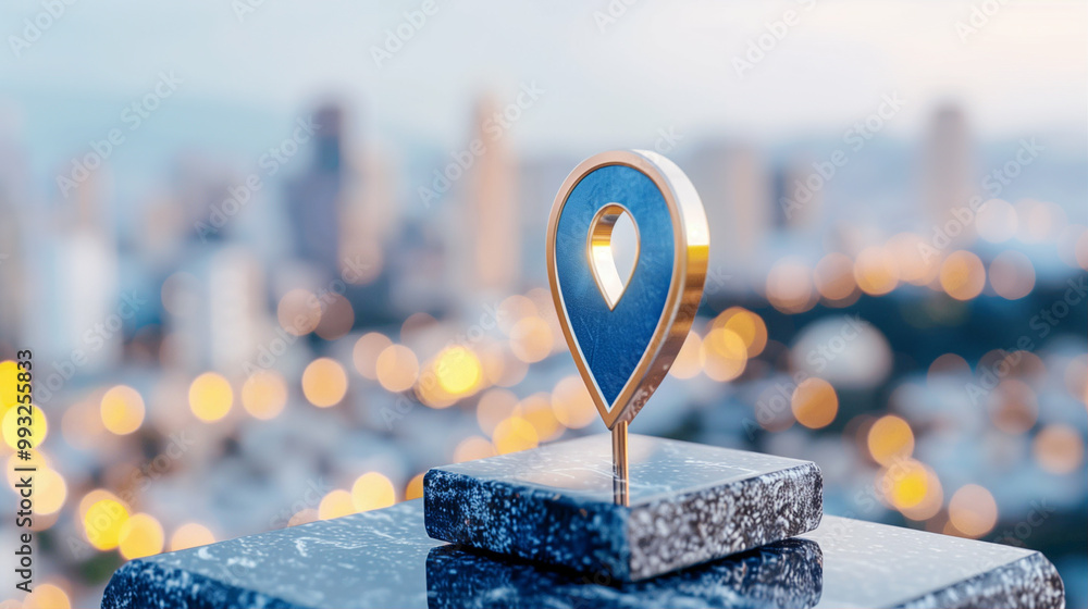 Poster location pin marker depicting cityscape with bokeh background and modern design