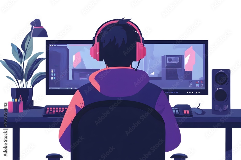 Aufkleber flat style character live streaming gaming session from digital workspace