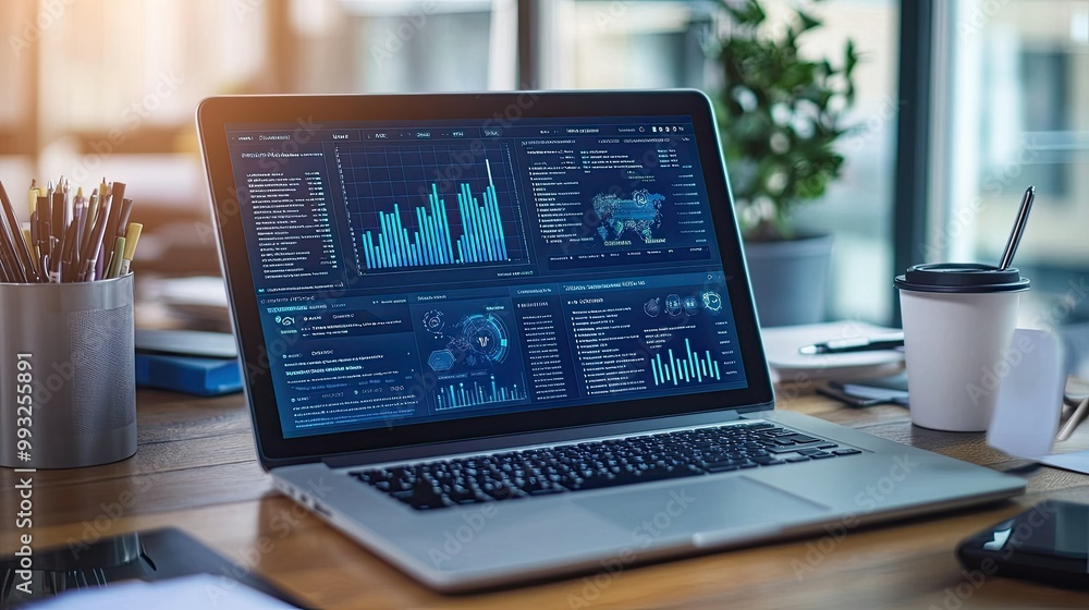 Poster modern workspace with data visualization on laptop screen