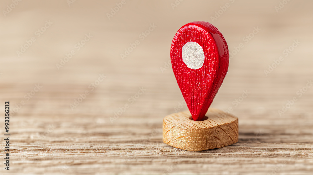 Poster map pin on wooden base emphasizing location and geographic navigation