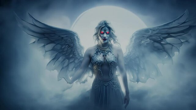 Mysterious figure with angel wings, standing against a full moon, dressed in dark flowing garments and surrounded by mist. The face is partially concealed by a gothic mask