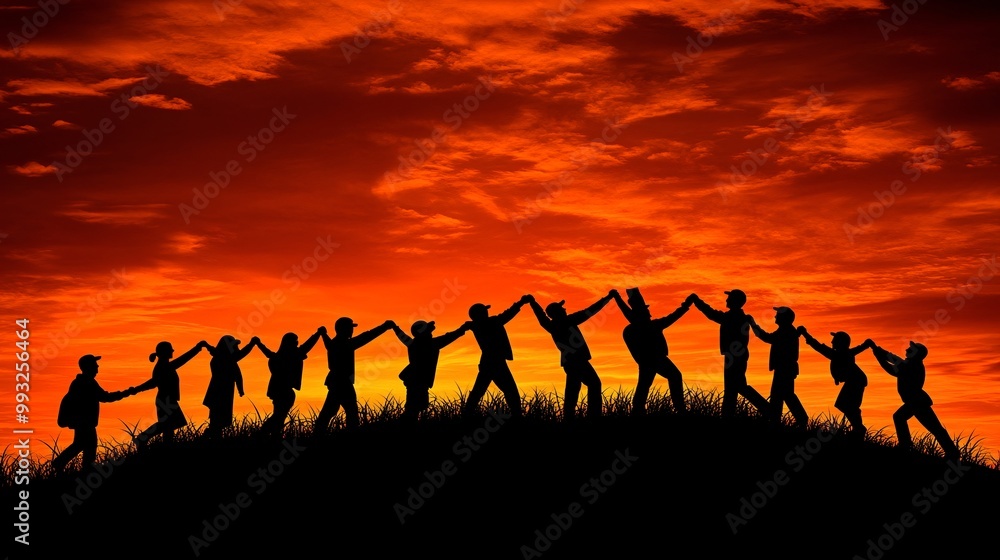 Poster A 3D group of characters pulling the upward line of a stock market graph together showing teamwork and effort to improve the economy Large space for text in center Stock Photo with copy space