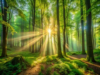 Obraz premium Ethereal Light Shafts Illuminating a Forest Scene with Sunbeams Filtering Through Dense Green Foliage