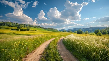 Obraz premium Enchanting Countryside Landscape with Scenic Winding Path Through Lush Green Meadow and Blue Sky with Fluffy Clouds