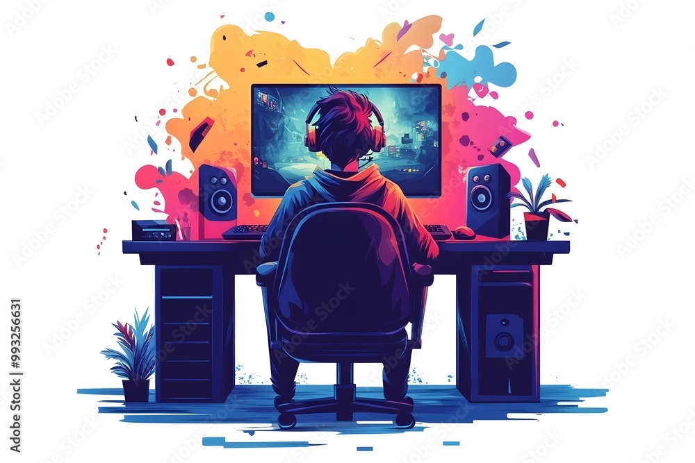 Aufkleber flat style character streaming video game from gaming desk setup